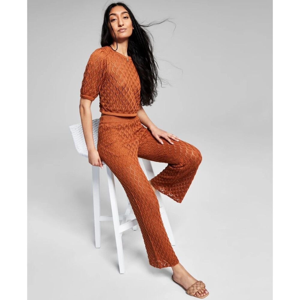 NEW and Now This Rust Mocha Brown Crochet Flare Wide Leg Pants Medium